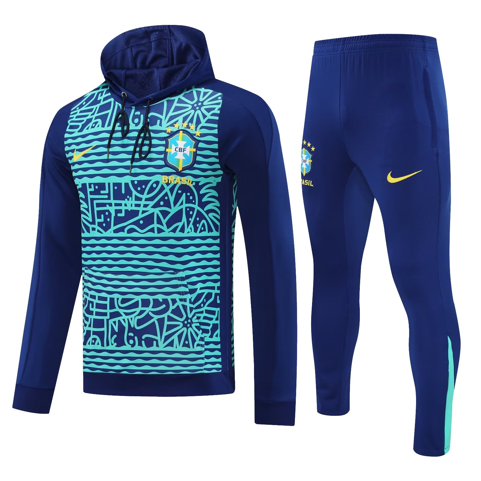 Survêtement d’entraînement avec sweat à capuche Brésil + pantalon motifs bleu marine et vert 2025