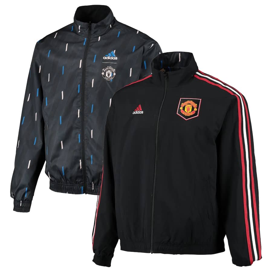 Veste Windrunner réversible à fermeture éclair complète avec logo de l’équipe sur le terrain et hymne de Manchester United 2023/24